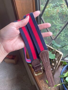Polo Ralph Lauren Striped Navy and Red Webbing Belt with Brown Leather Accents